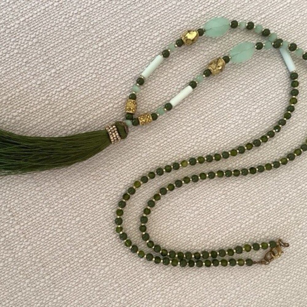 Green and Gold Tassel Necklace (19")